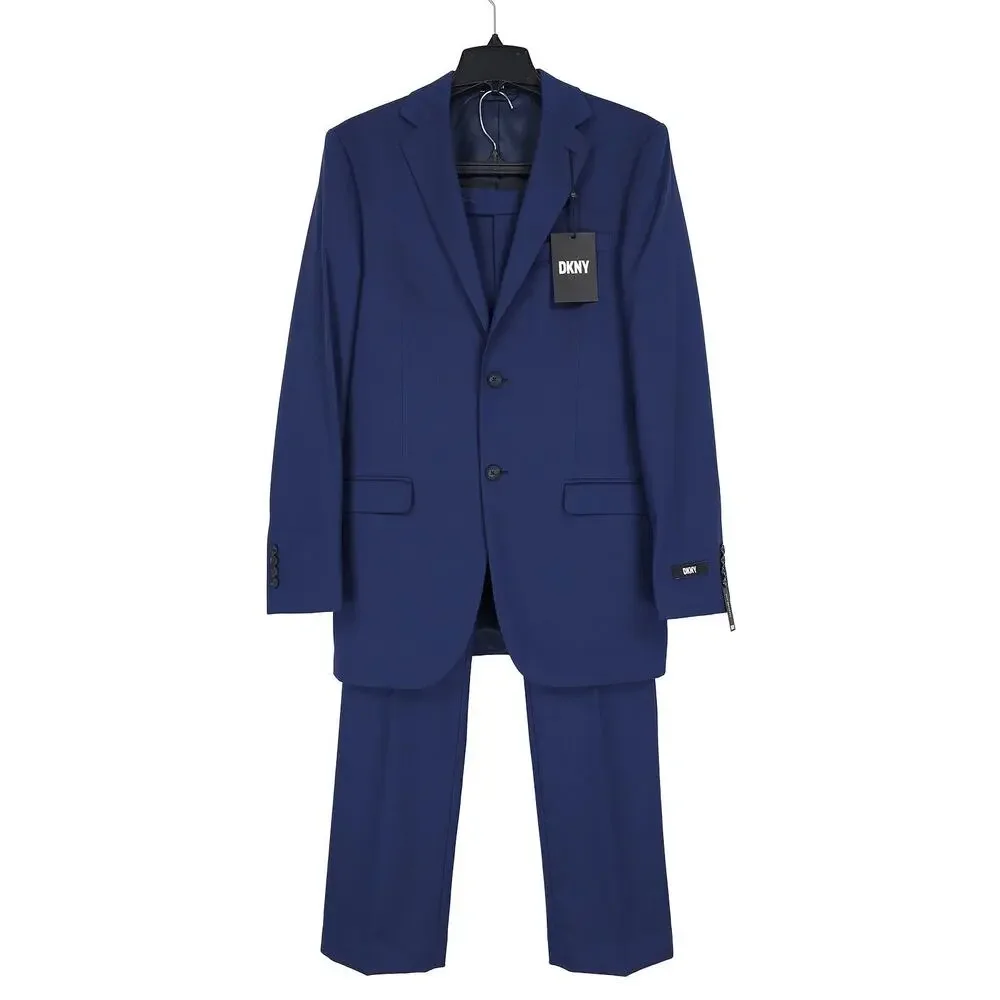 DKNY Mens Modern Fit 2 Piece Suit 38L 32x32 Blue Solid Birdseye Stretch NWT